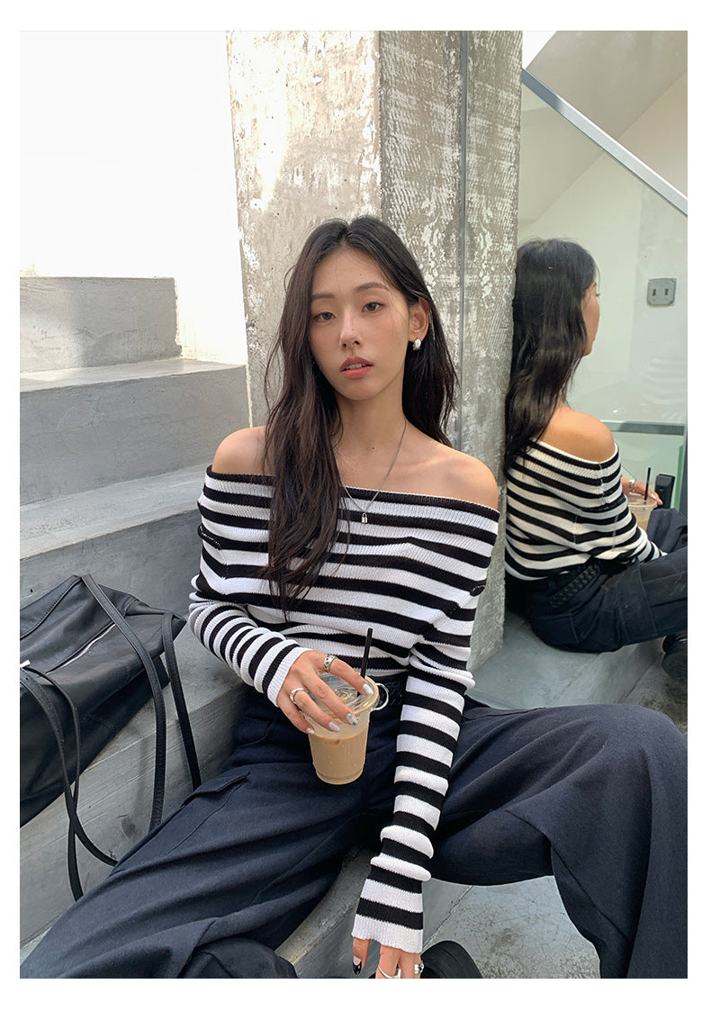 【H5399】實拍韓系簡約氣質一字領露肩針織衫250902