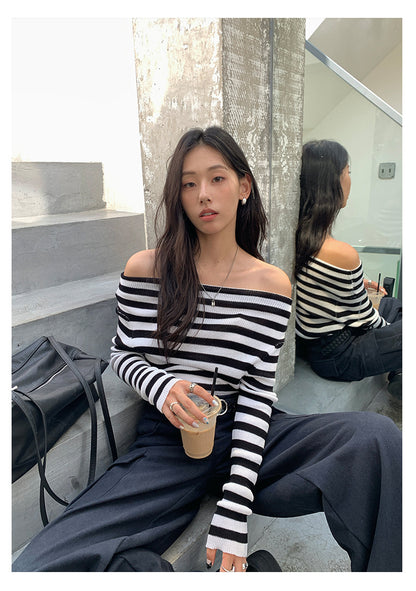 【H5399】實拍韓系簡約氣質一字領露肩針織衫250902