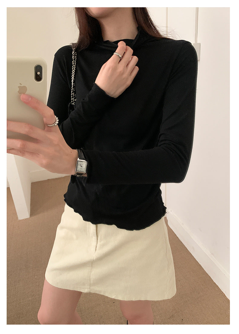 【H568】實拍基礎款木耳邊半高領純色打底衫251021