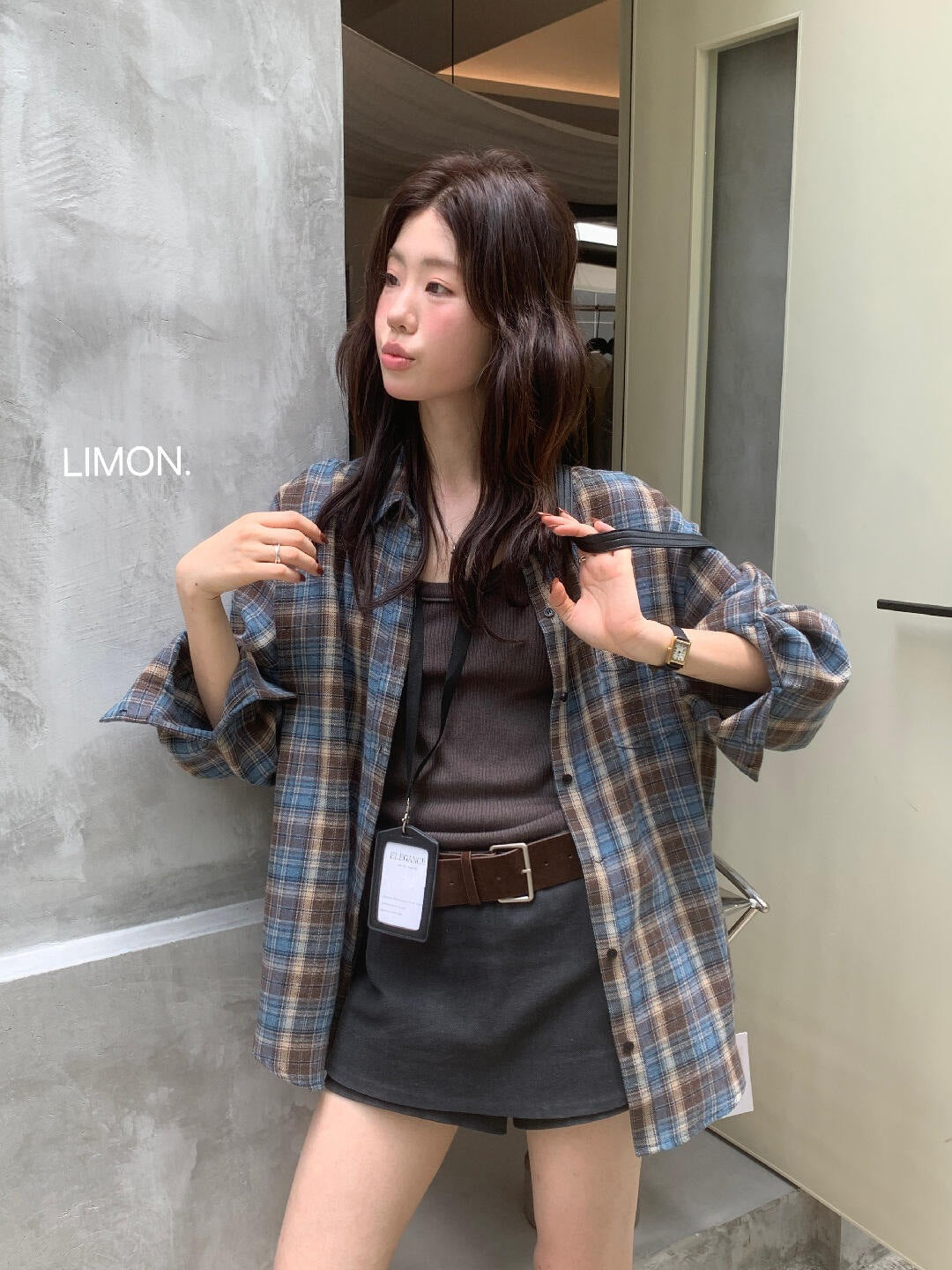 【L11087】檸檬早秋新款慵懶輕質感格紋寬鬆顯瘦長袖襯衫260728