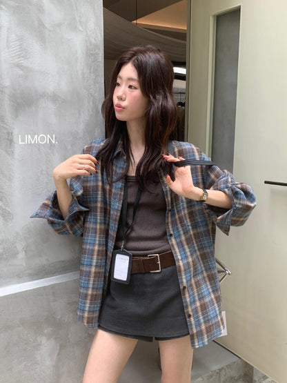 【L11087】檸檬早秋新款慵懶輕質感格紋寬鬆顯瘦長袖襯衫260728