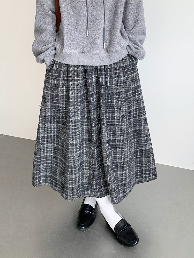 【LD11008】實拍復古毛呢格子高腰a字裙(左右有口袋）251110