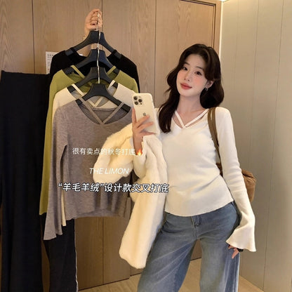 【L8368】實拍檸檬簡約羊毛羊絨喇叭袖長袖針織衫251117