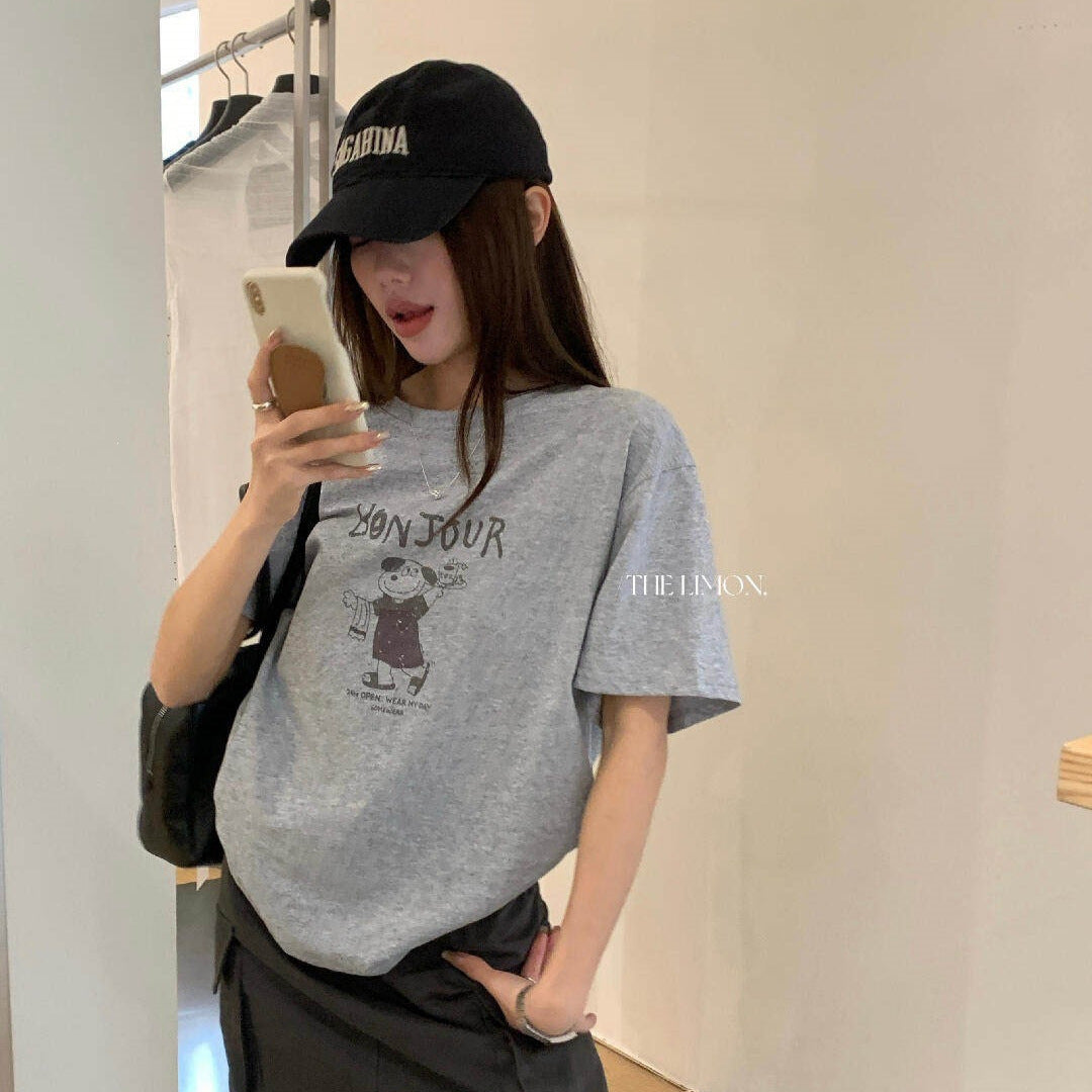 【L10378】陽光元氣女孩☀️韓系休閒字母小狗印花寬鬆顯瘦圓領短袖T恤260518
