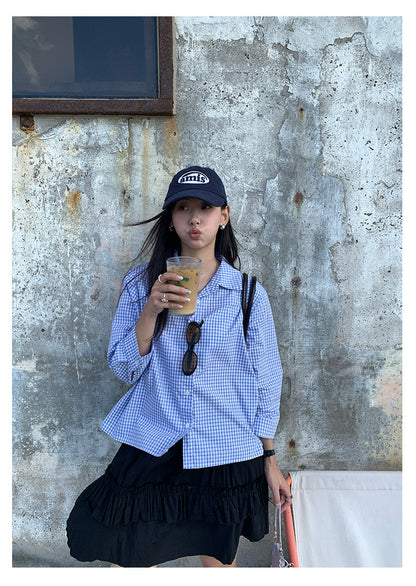 【H5382】實拍休閒寬鬆短版藍色條紋襯衫250902