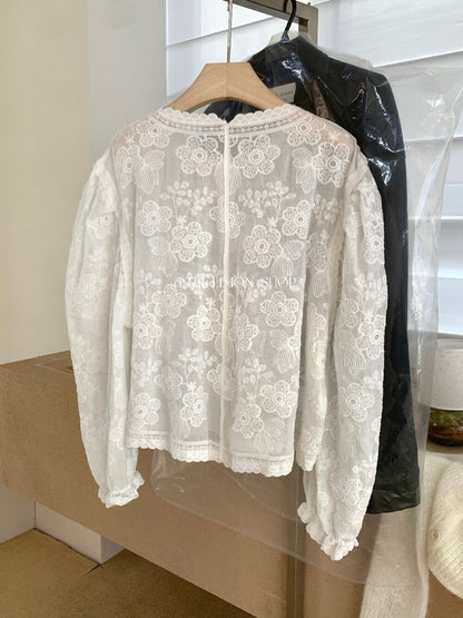 【L10200】實拍檸檬家氣質法式復古白色蕾絲花邊/刺繡長袖襯衫260310