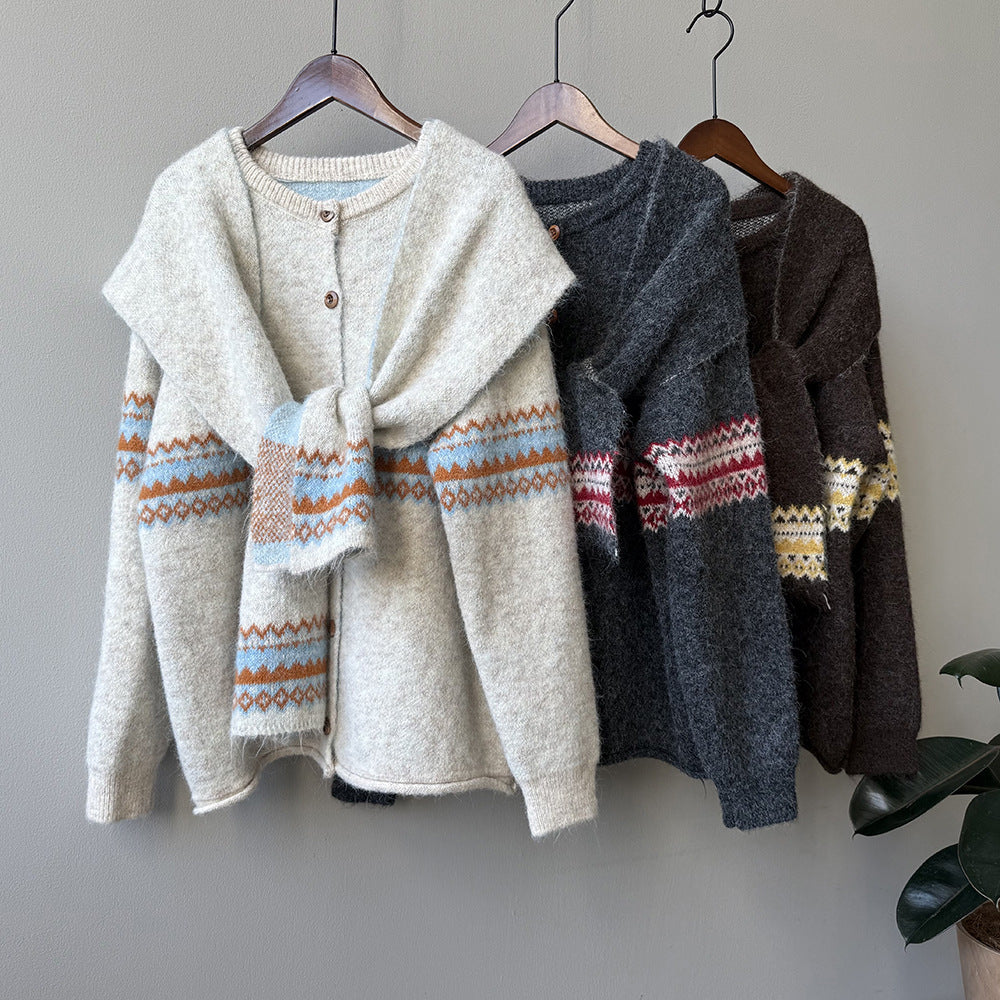 【YP6106】 實拍費爾島提花針織外套＋圍巾(含羊毛3%) 251023