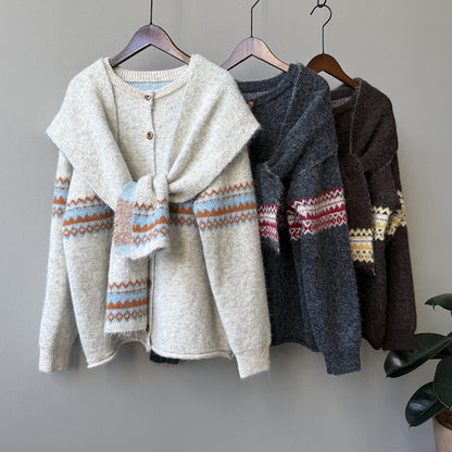 【YP6106】 實拍費爾島提花針織外套＋圍巾(含羊毛3%) 251023