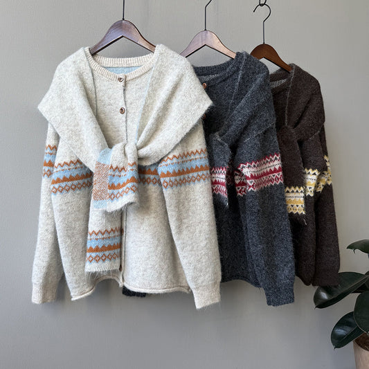 【YP6106】 實拍費爾島提花針織外套＋圍巾(含羊毛3%) 251023