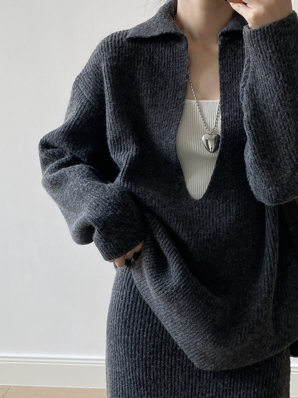 【YP680】 實拍深V慵懶毛衣＋針織長裙(含羊6%) 套裝251023