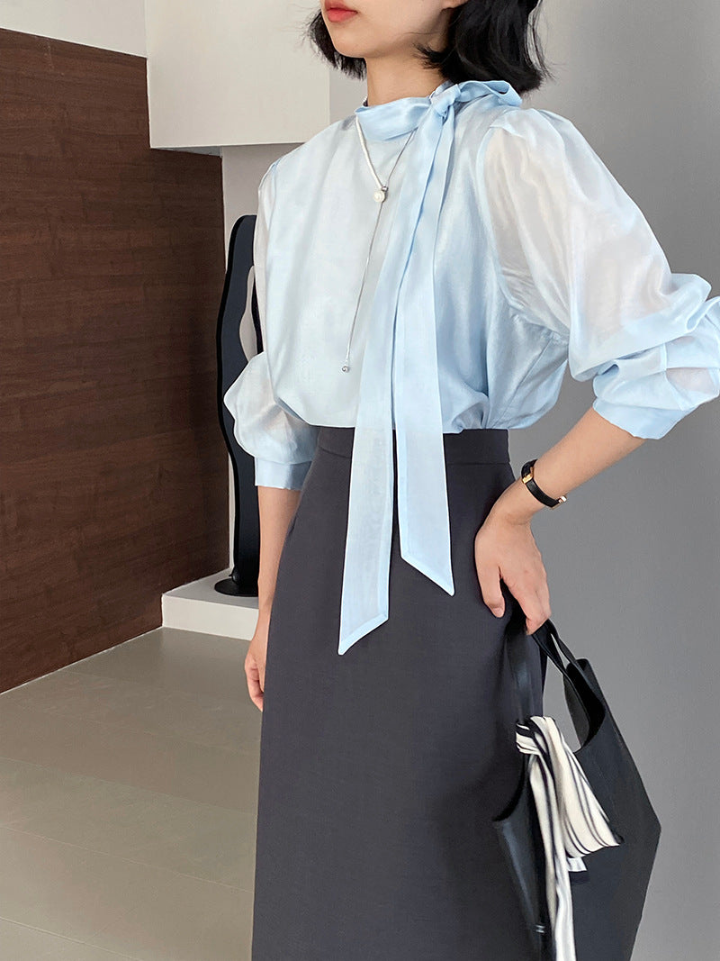【cimz1186】韓系知性通勤🤍質感蝴蝶結飄帶天絲半高領長袖襯衫260319