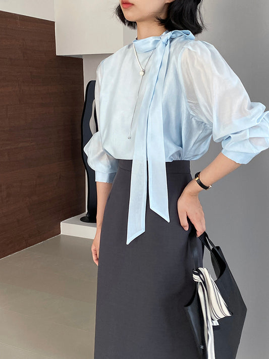 【cimz1186】韓系知性通勤🤍質感蝴蝶結飄帶天絲半高領長袖襯衫260319