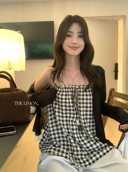 【L10720】韓系百搭減齡款✨純色針織小外套+棋盤格細肩帶背心兩件套

260602