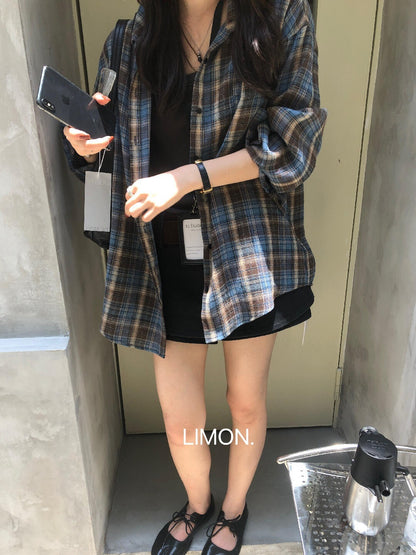 【L11087】檸檬早秋新款慵懶輕質感格紋寬鬆顯瘦長袖襯衫260728