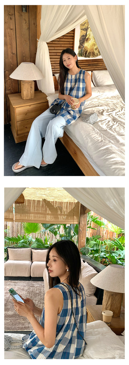 【H5231】實拍夏日清爽棉質復古藍格背心洋裝250506