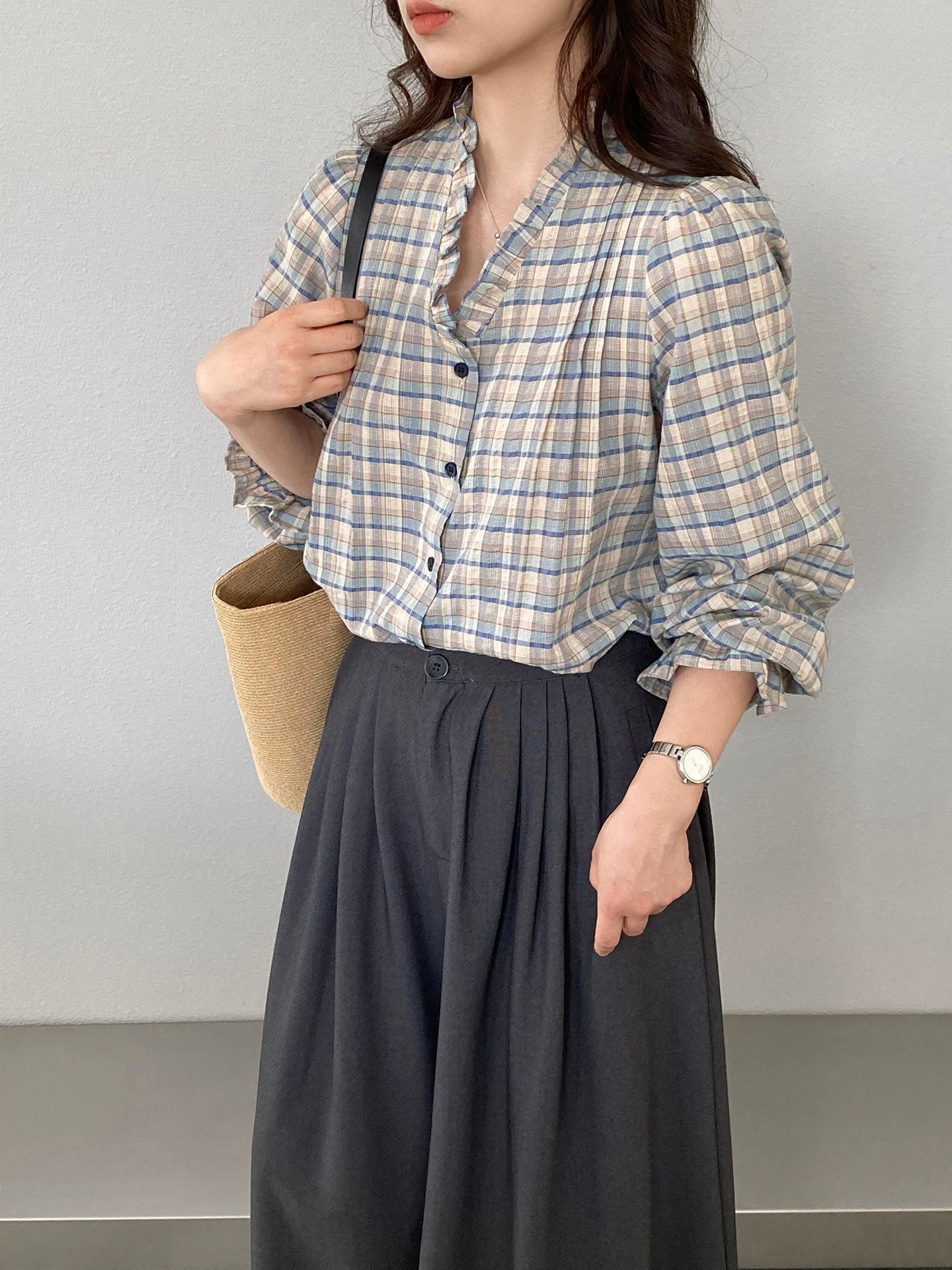 【cimz6509】復古浪漫主義🌹精緻木耳邊格紋長袖襯衫260319