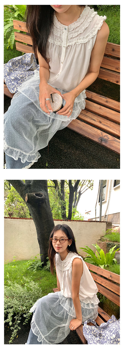 【H525】實拍夏天韓國氣質小荷葉無袖襯衫250513