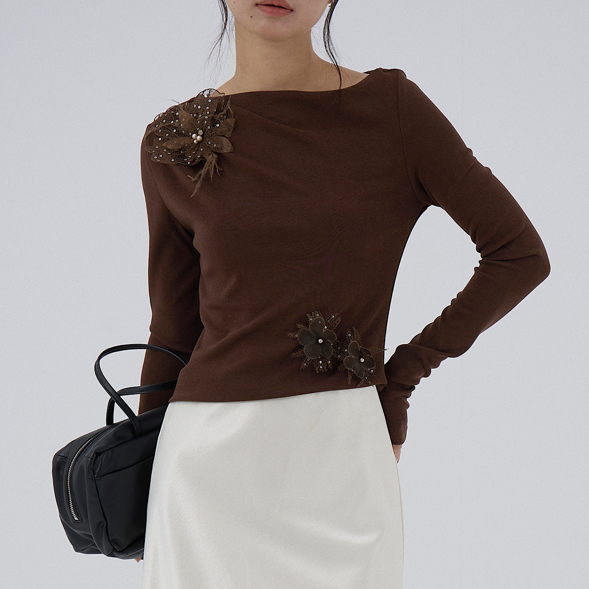 【LD3277】實拍立體花朵長袖一字領T恤251103