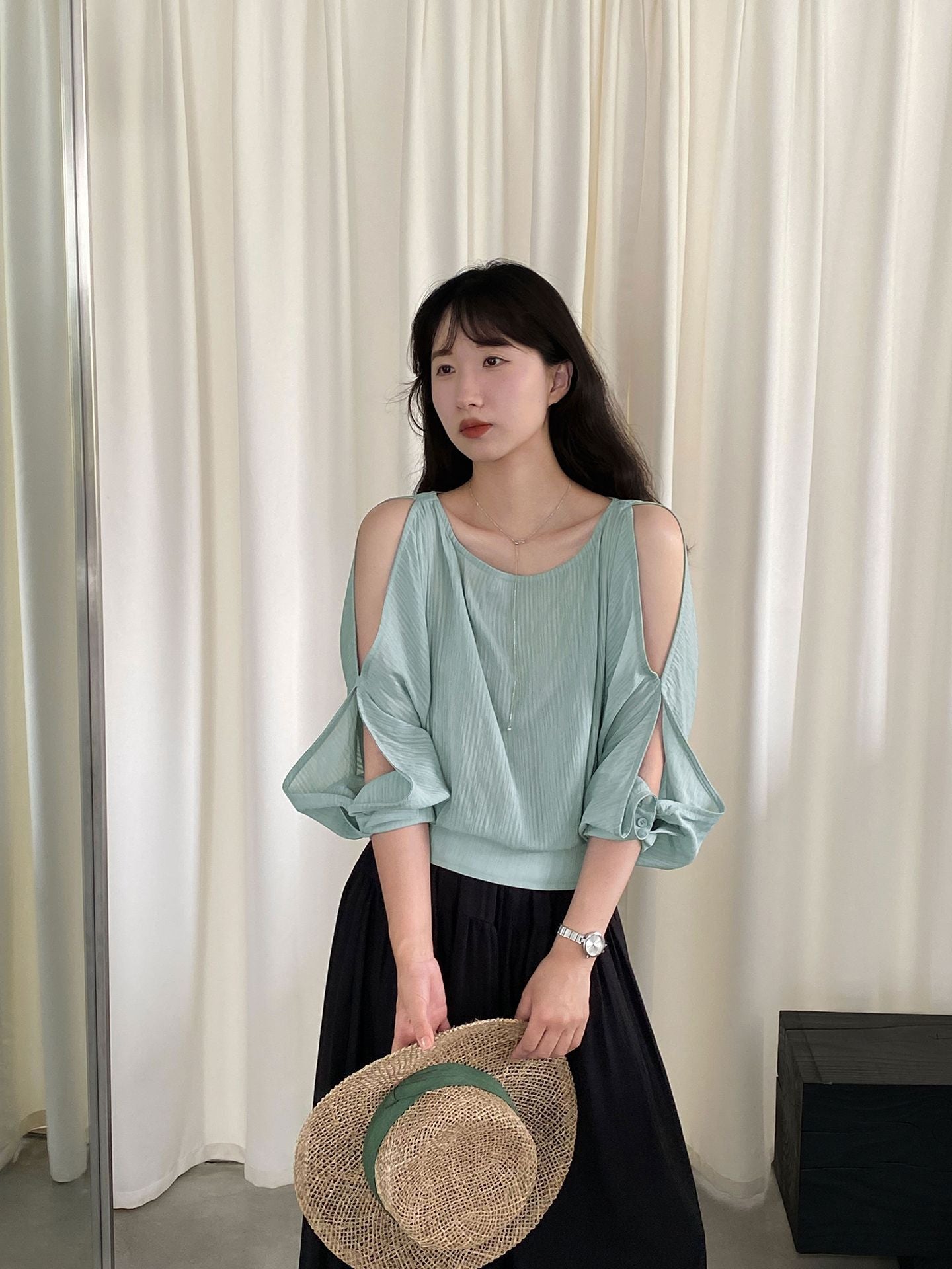 【cimz1963】柔光漫紗仙女系☁️小眾設計感露肩綁帶條紋短袖襯衫/薄上衣260702