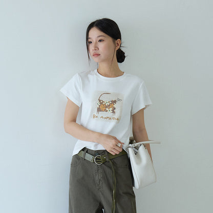 【LD11327】質感休閒款！設計感釘珠圖案印花貓咪圓領半袖/短袖上衣260615