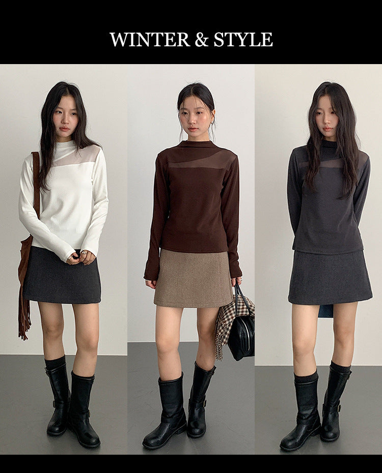 【LD11024】實拍氣質網紗拼接加絨半高領長袖T恤251124