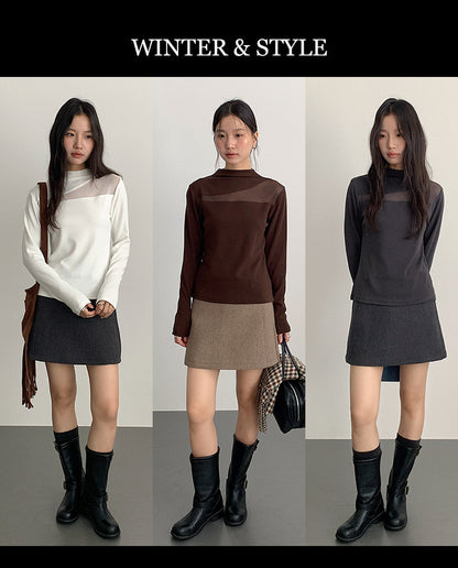 【LD11024】實拍氣質網紗拼接加絨半高領長袖T恤251124