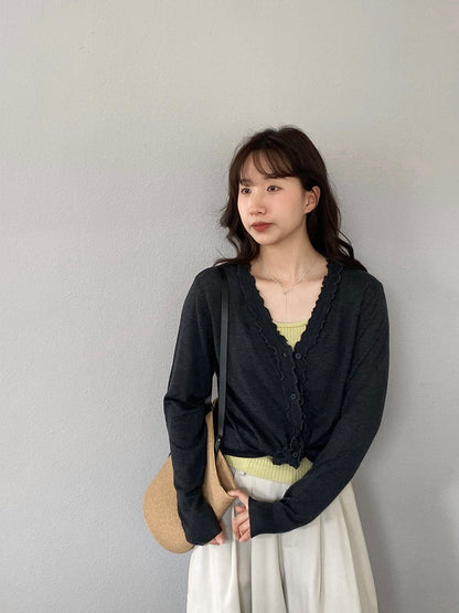 【cimz5643】韓系清新氧氣感🍃寬鬆顯瘦木耳邊V領花邊薄款針織上衣260319