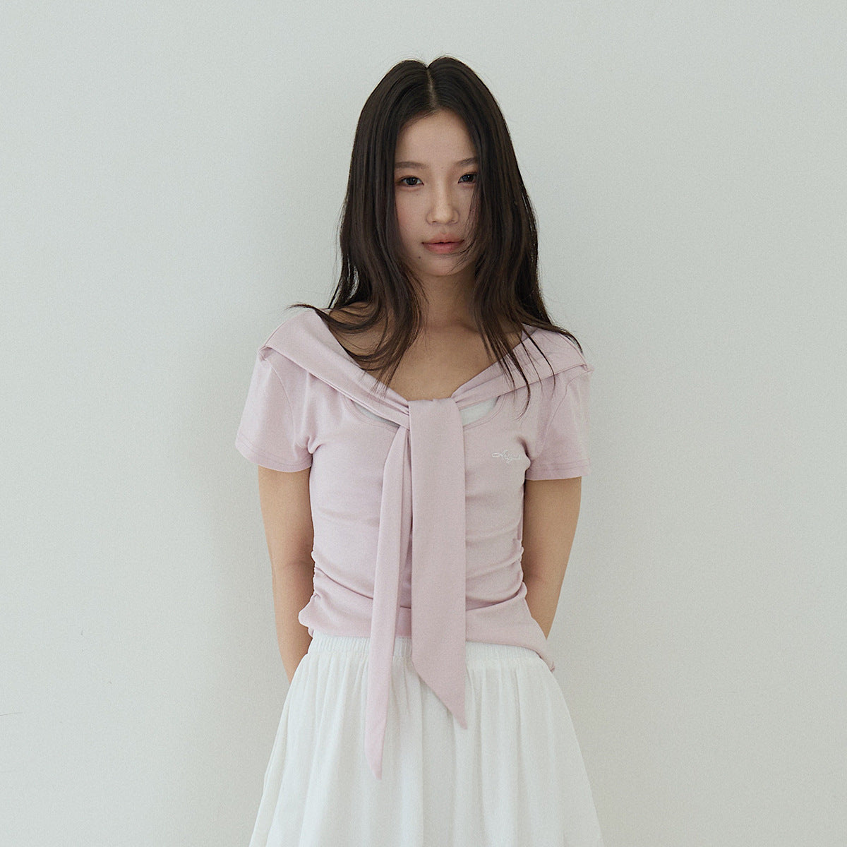 【LD11174】實拍設計感韓系絕美粉色帶披肩/綁帶假兩件短袖T恤260317