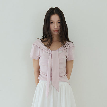 【LD11174】實拍設計感韓系絕美粉色帶披肩/綁帶假兩件短袖T恤260317