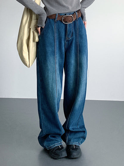 【LD11020】實拍S~XL加絨加厚復古水洗做舊彎刀闊腿牛仔褲251110