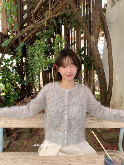 【LR991381】實拍imiss仙氣透膚30%羊毛勾花馬海毛針織外套260305