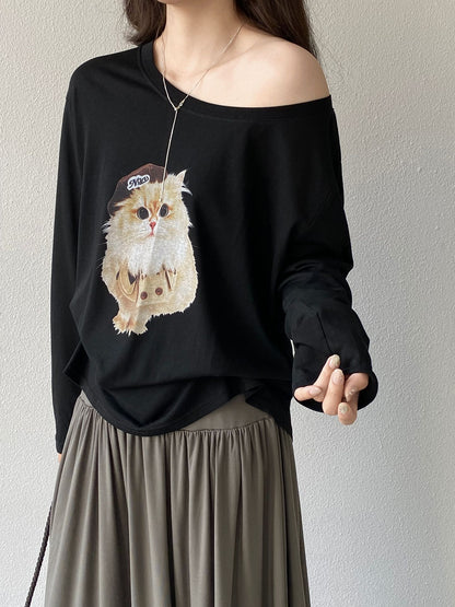 【cimz89663】軟萌貓咪控必收🐱韓系可愛印花寬鬆露肩防曬T恤260506