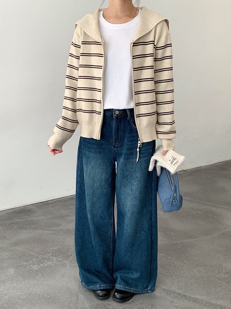 【LD11036】實拍雙頭拉鍊海軍領條紋針織開衫251202