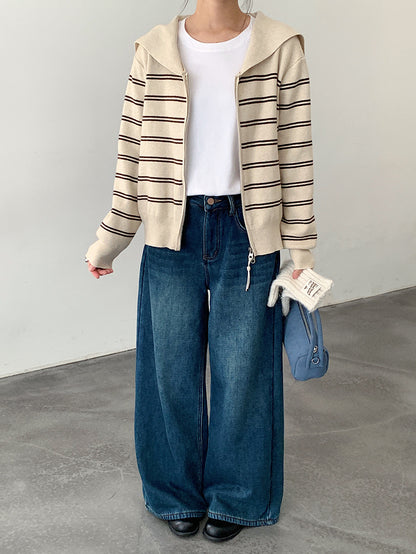 【LD11036】實拍雙頭拉鍊海軍領條紋針織開衫251202