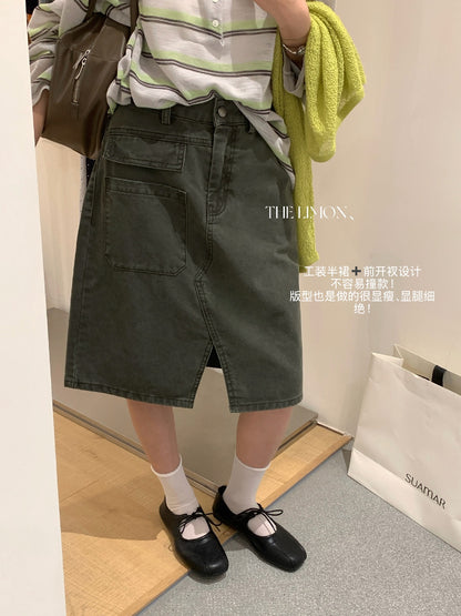 【LHT003】實拍檸檬美式復古高級感😎顯瘦高腰開衩A字牛仔中長裙260408