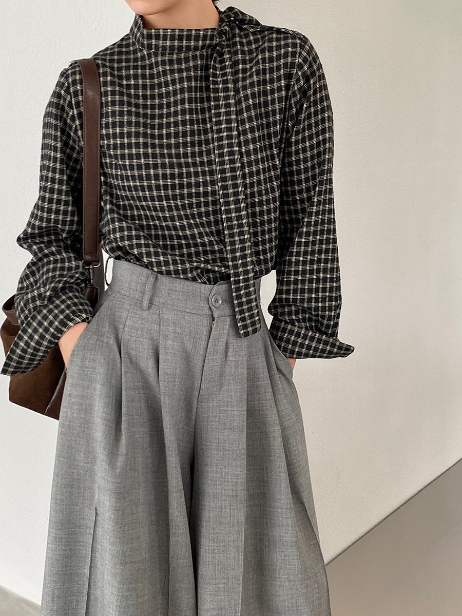 【cim1695】實拍法式磨毛領結氣質格子襯衫251030