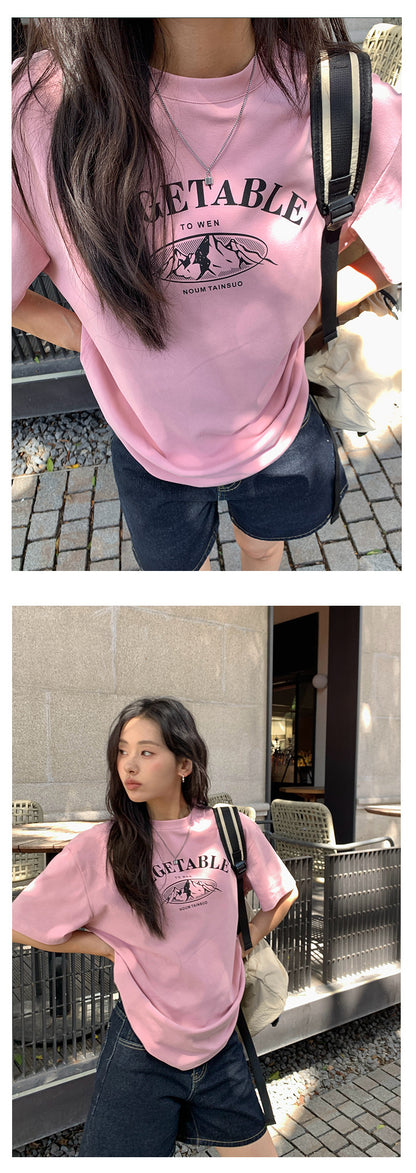 【H5203】實拍夏天美式印花棉質寬鬆圓領短袖T恤250422
