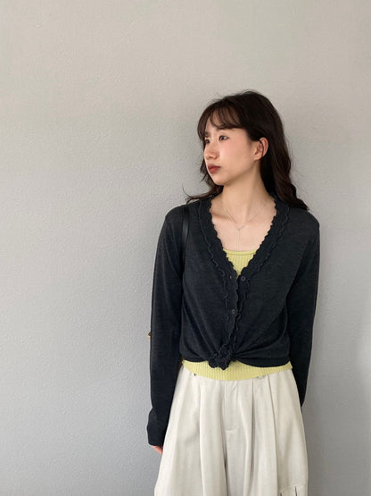 【cimz5643】韓系清新氧氣感🍃寬鬆顯瘦木耳邊V領花邊薄款針織上衣260319