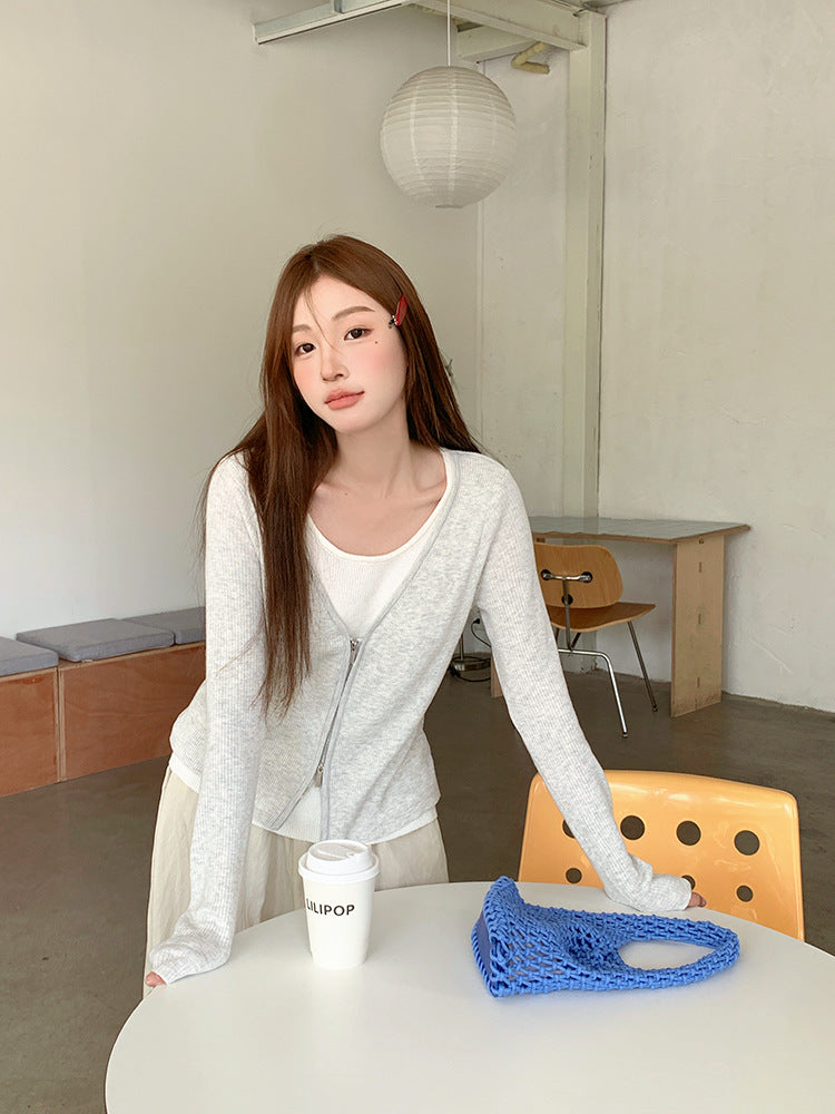 【L2771】實拍V領條紋假兩件雙開頭針織衫（6％美麗諾羊毛）250825