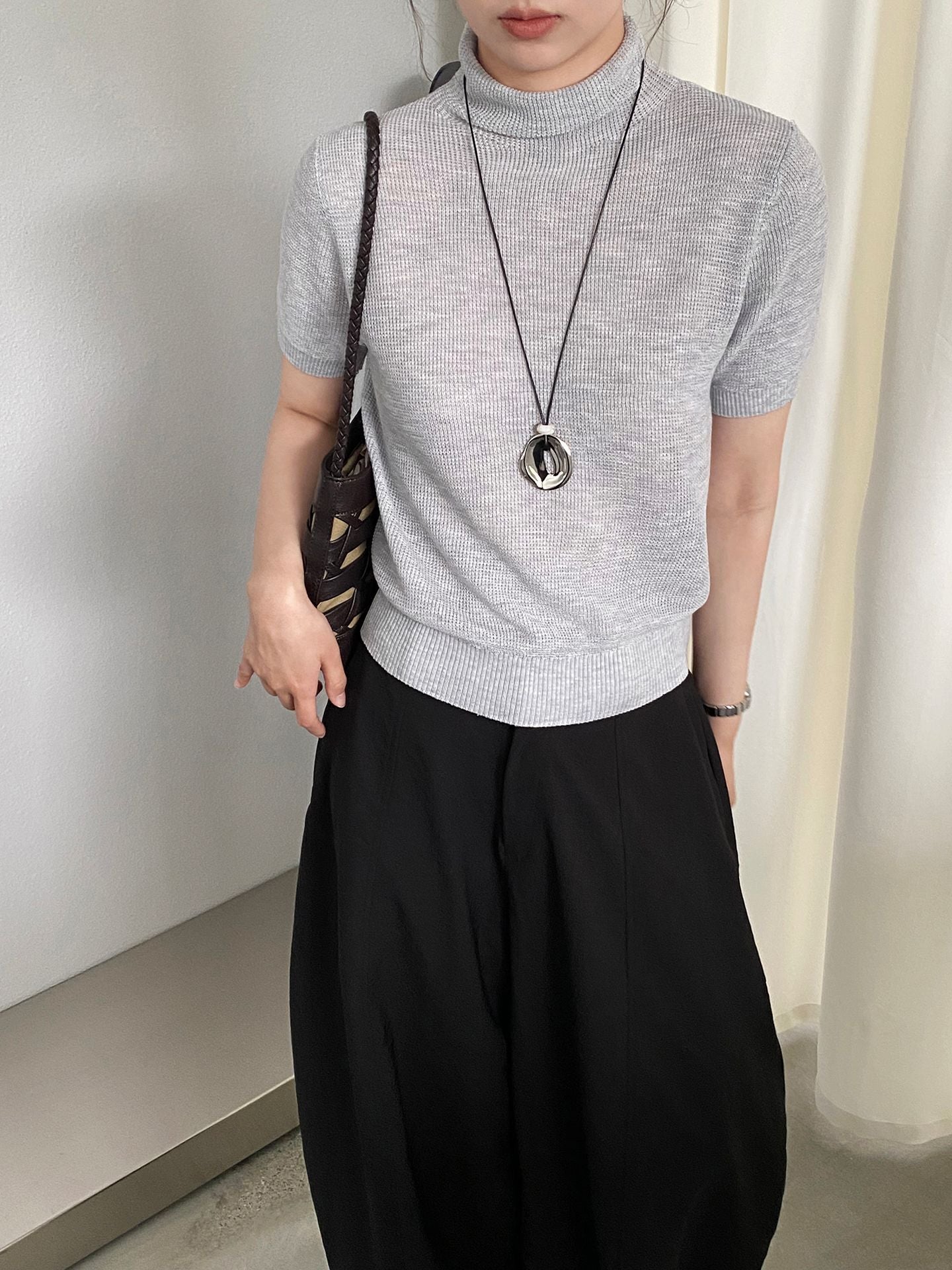 【cimz0663】實拍四季隨意搭☁️韓系半高領顯瘦短袖針織T恤/上衣260409