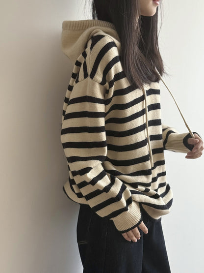【Y899】實拍冬季條紋針織連帽毛衣251106