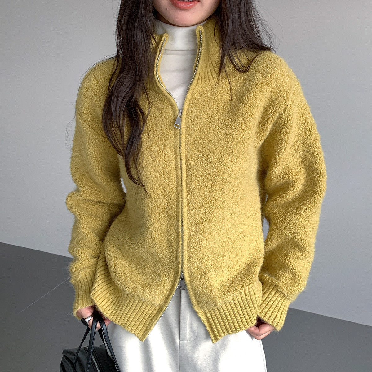 【LD11015】實拍雙頭拉鍊毛絨半高領加厚針織毛衣外套251110