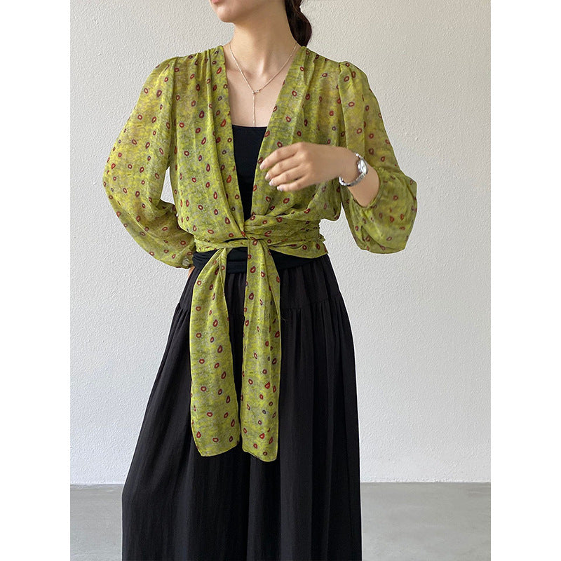 【cimz1910】高級小眾設計感✨唯美碎花綁帶修身顯瘦防曬薄款襯衫/罩衫260527