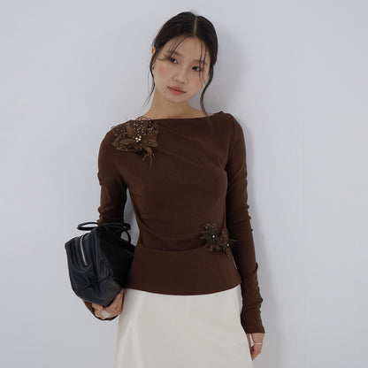 【LD3277】實拍立體花朵長袖一字領T恤251103