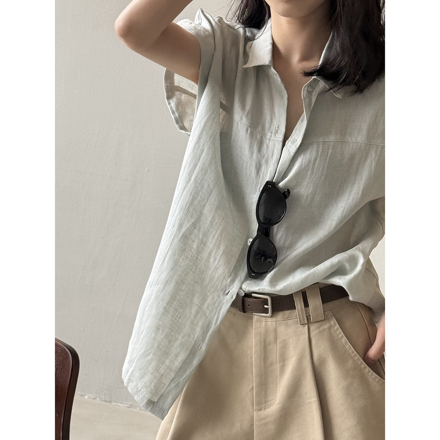 【Y82315】高單夏天亞麻混棉落肩襯衫250515