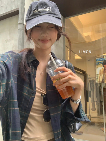 【L11323】檸檬家柠檬復古大格長袖襯衫