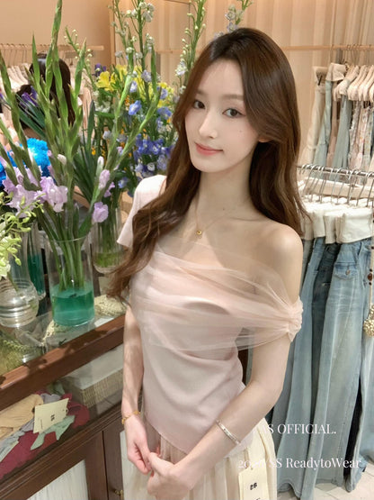 【L16180】韓系純慾氛圍感✨修身顯瘦微透網紗斜肩短袖針織衫260526