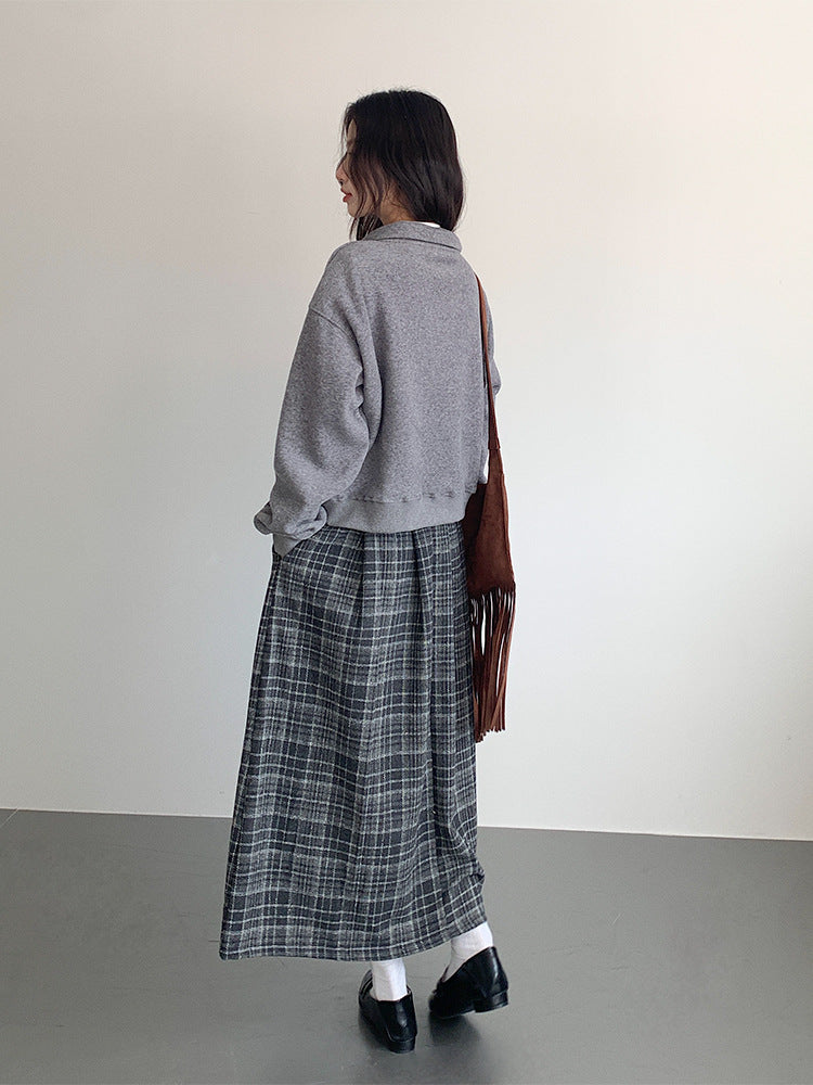 【LD11008】實拍復古毛呢格子高腰a字裙(左右有口袋）251110