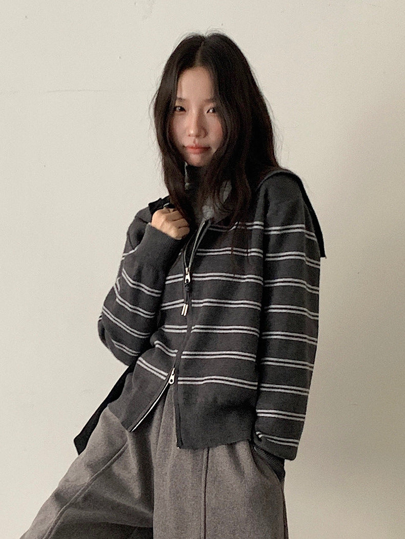 【LD11036】實拍雙頭拉鍊海軍領條紋針織開衫251202