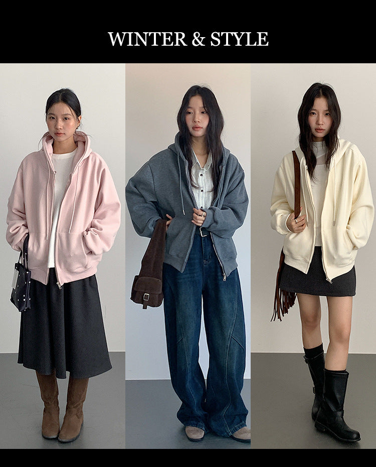 【LD11030】實拍冬季慵懶加絨加厚連帽衞衣外套251124